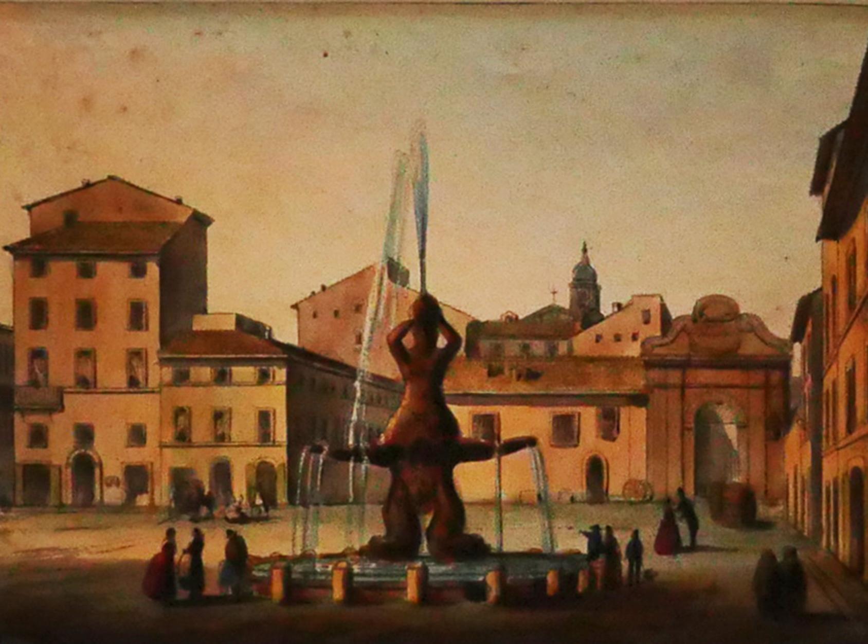 Unknown Figurative Art - Barberini Square, Roma - Original Watercolor - 19th Century