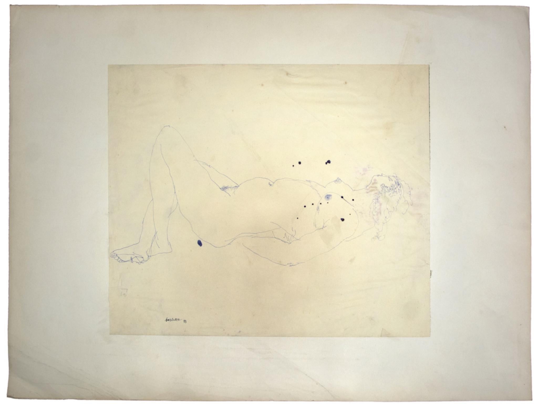 Nude is an original drawing in pen realized by Sergio Barletta in 1958.

Applied on passepartout: 49.5 x 79.5 cm.

Hand-signed on the lower left, and date.

In very good conditions with some folding and diffused foxing.

The artwork represents a
