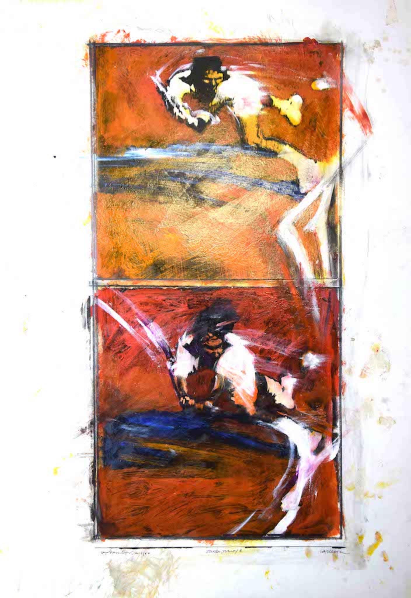 Jimbo Jump ist ein Originalgemälde von Sergio Barletta aus dem Jahr 1992 in Mischtechnik, Tusche und Tempera.

Rechts unten handsigniert. Unten in der Mitte betitelt, unten links datiert.

Unter guten Bedingungen

Das Kunstwerk stellt halb-abstrakte