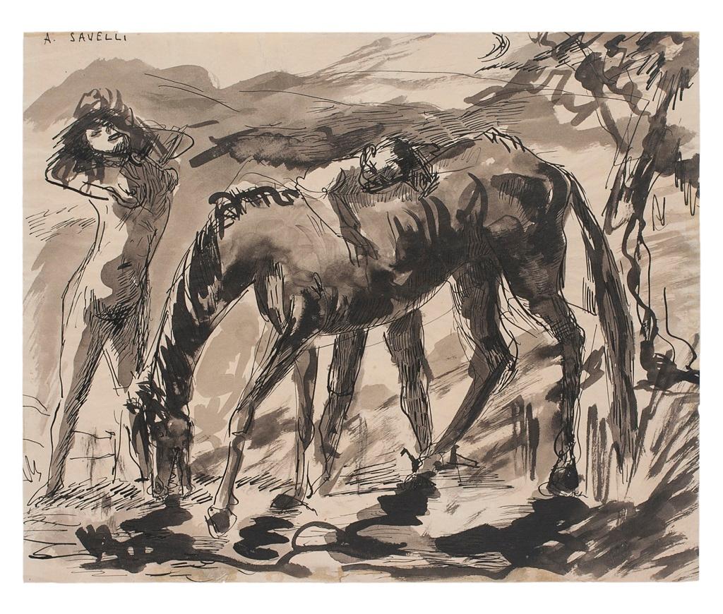 Woman and Horse - Original Tinte und Aquarell von Angelo Savelli - 1960er Jahre