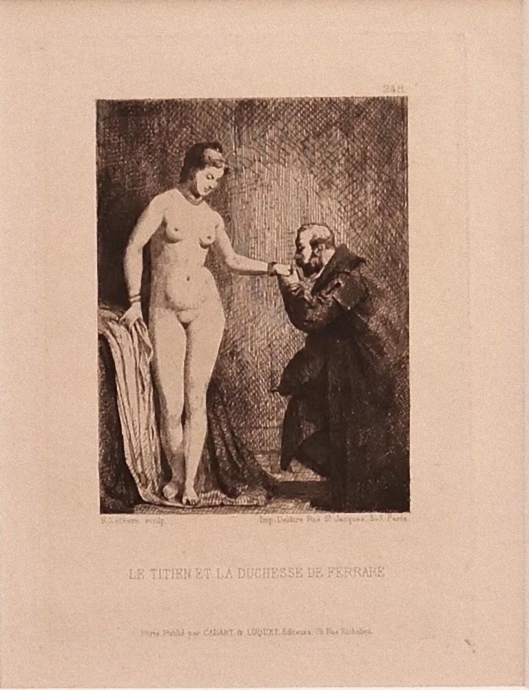 Duchess of Ferrara is an original etching on paper realized by R. Lefevre.

Signed on the plate, on the lower left. Titled on the lower center. Edition of.  "Paris, Cadart & Luquet".

The state of preservation is very good.

Included a passepartout: