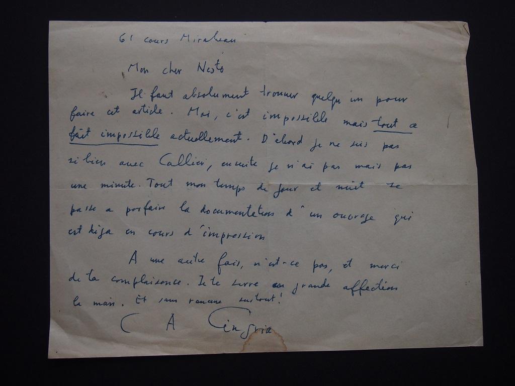 Letter signée par Charles Albert Cingria - années 1930/1940