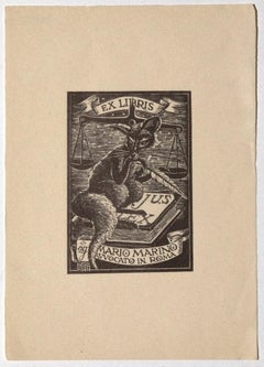 Antique Ex Libris Mario Marino - Original Woodcut by A. Giuliani - Early 20th Century