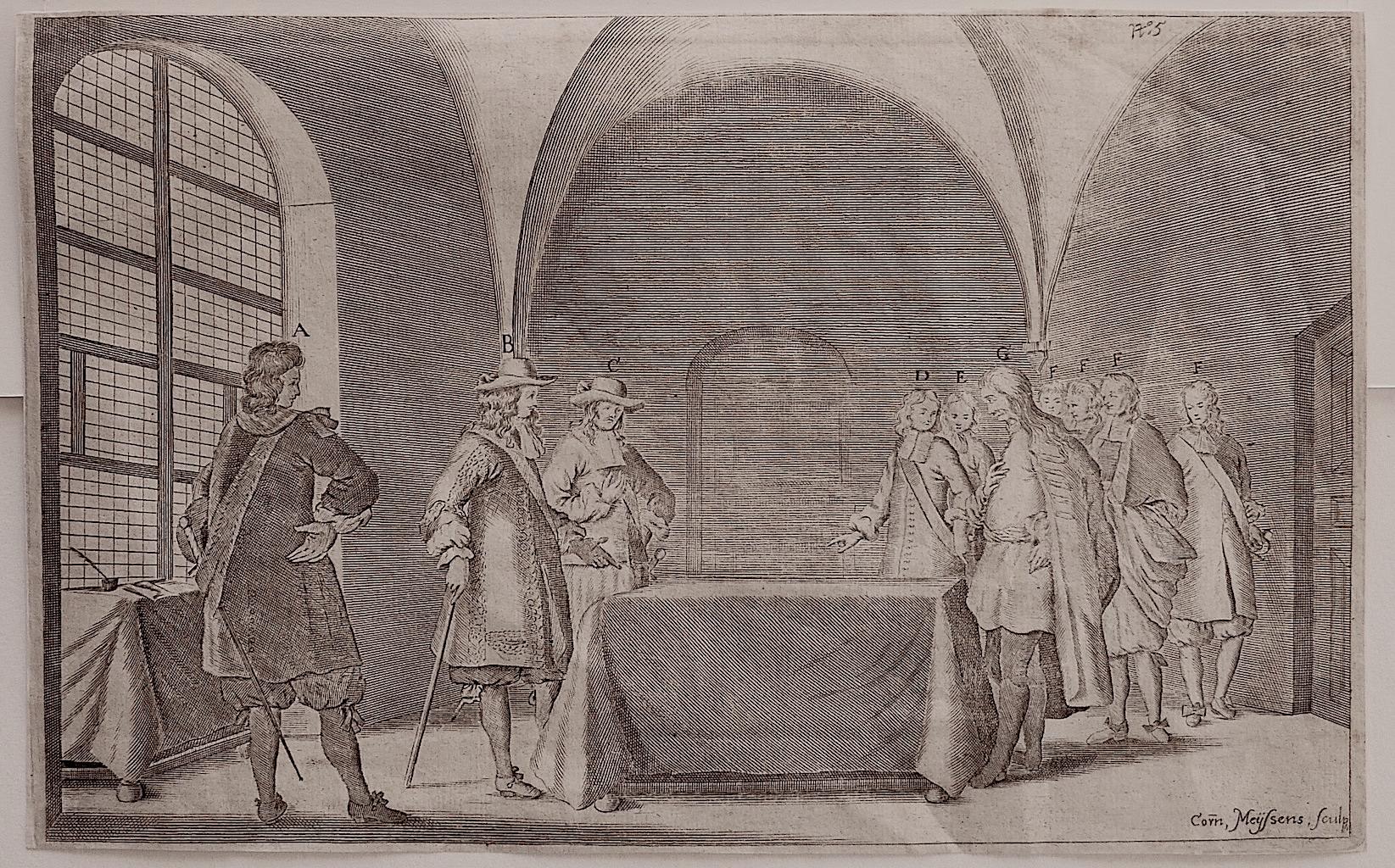 Interior Meeting is an original etching realized by Cornelis Meyssens ( 1640-1573).
Good conditions, except for some foldings.
Included a Passepartout: 34 x 49 cm

The artwork represents the interior meeting of men, depicted by mastery through