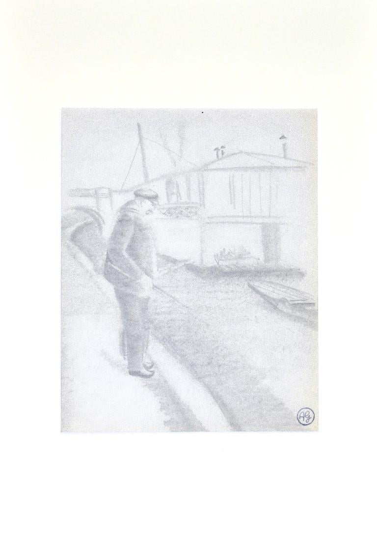 Unknown Figurative Art - Fishing - Original Pencil on Paper - Early 20th Century