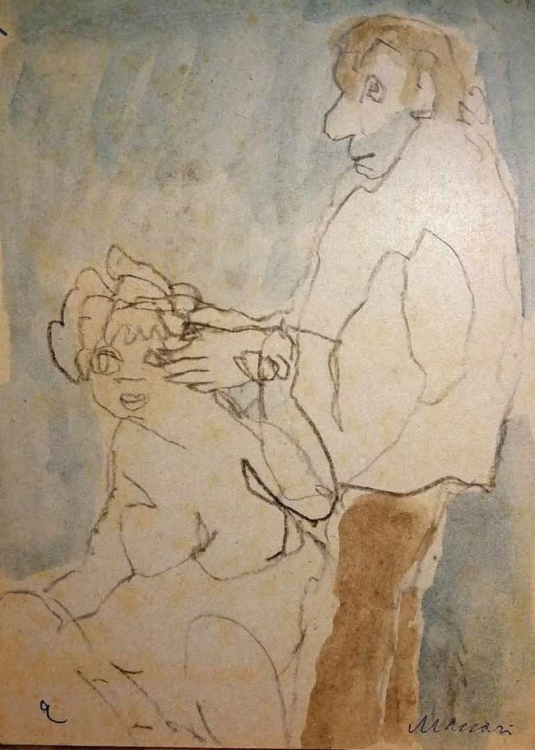 Couple is an original modern artwork realized in 1980 by the Italian artist Mino Maccari (Siena, 1898 - Rome, 1989).

Original colored watercolor and pencil on cardboard.

Hand-signed in pencil by the artist on the lower right margin: Mino