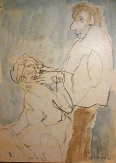 Couple - Original Watercolor and Pencil by Mino Maccari - 1980