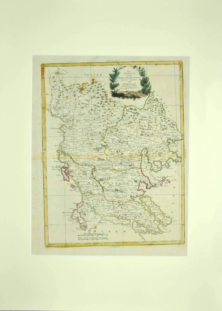 Cette carte de la Grèce est une gravure réalisée par Antonio Zatta, cartographe, éditeur et typographe.

L'état de conservation de l'œuvre est bon, à l'exception du papier usé et du papier réparé au milieu.

Passepartout 70x50 cm.