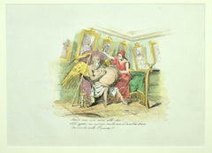 Antique Satirical Scene - Original Lithograph Hand Watercolored - 19th Century