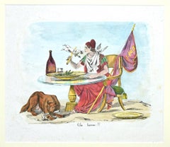 Antique Satirical Scene - Lithograph hand Watercolored - 19th Century
