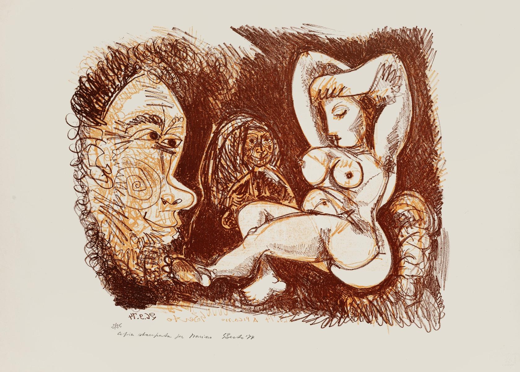 Homage to Picasso is an original lithograph realized by Gian Paolo Berto, in 1974.

Good conditions.

Hand-signed in pencil on the lower left, dated, and numbered edition 2/25.

The artwork represents a nude figure through strong strokes the artwork