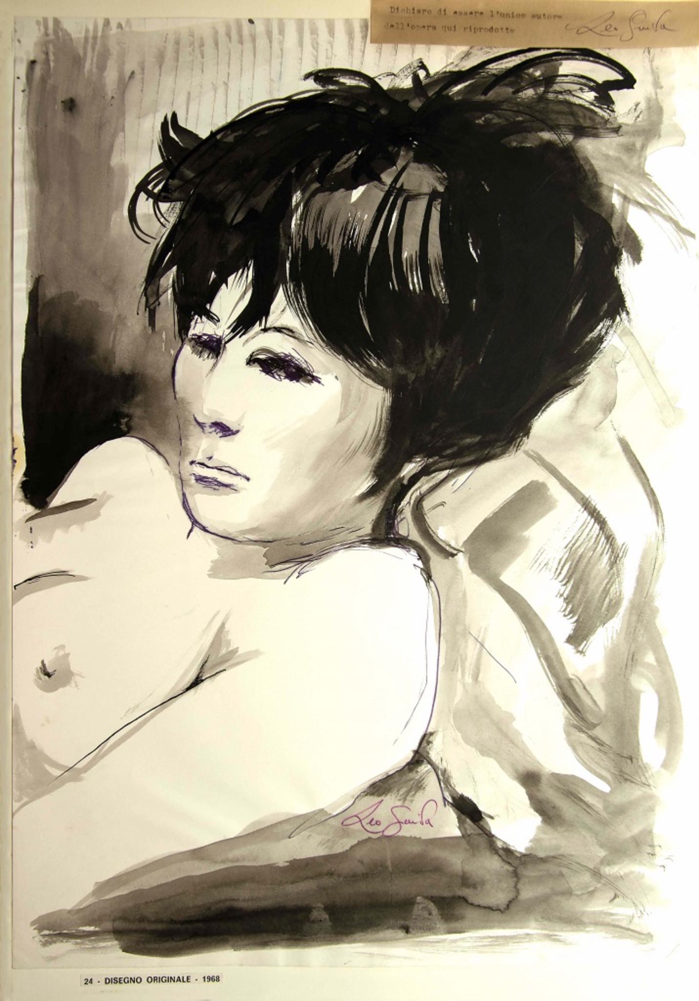 Portrait of Woman - Original China Ink and Watercolor by Leo Guida - 1968