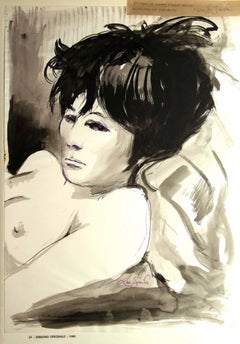 Vintage Portrait of Woman - China Ink and Watercolor by Leo Guida - 1968