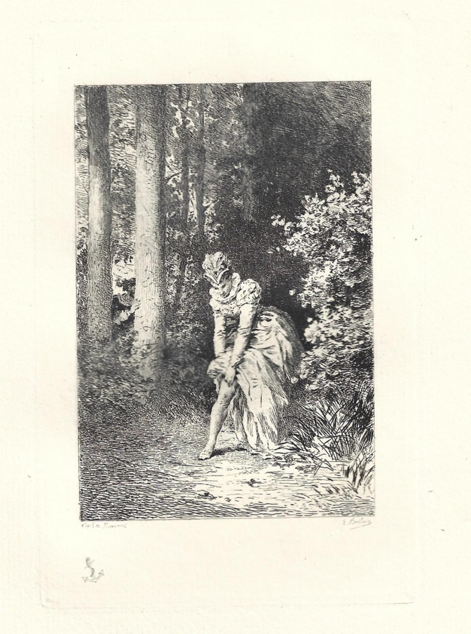 Figurative Print Emile Boilvin - Gravure originale de La Jarretire par mile Boilvin - 1882