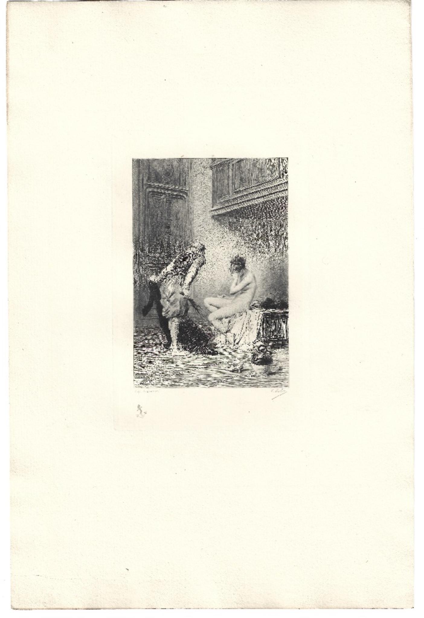 La Dame Fouettée - Original Etching by Émile Boilvin - 1882 - Print by Emile Boilvin