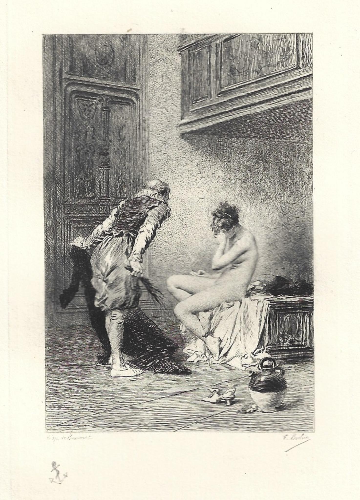 Emile Boilvin Figurative Print - La Dame Fouettée - Original Etching by Émile Boilvin - 1882
