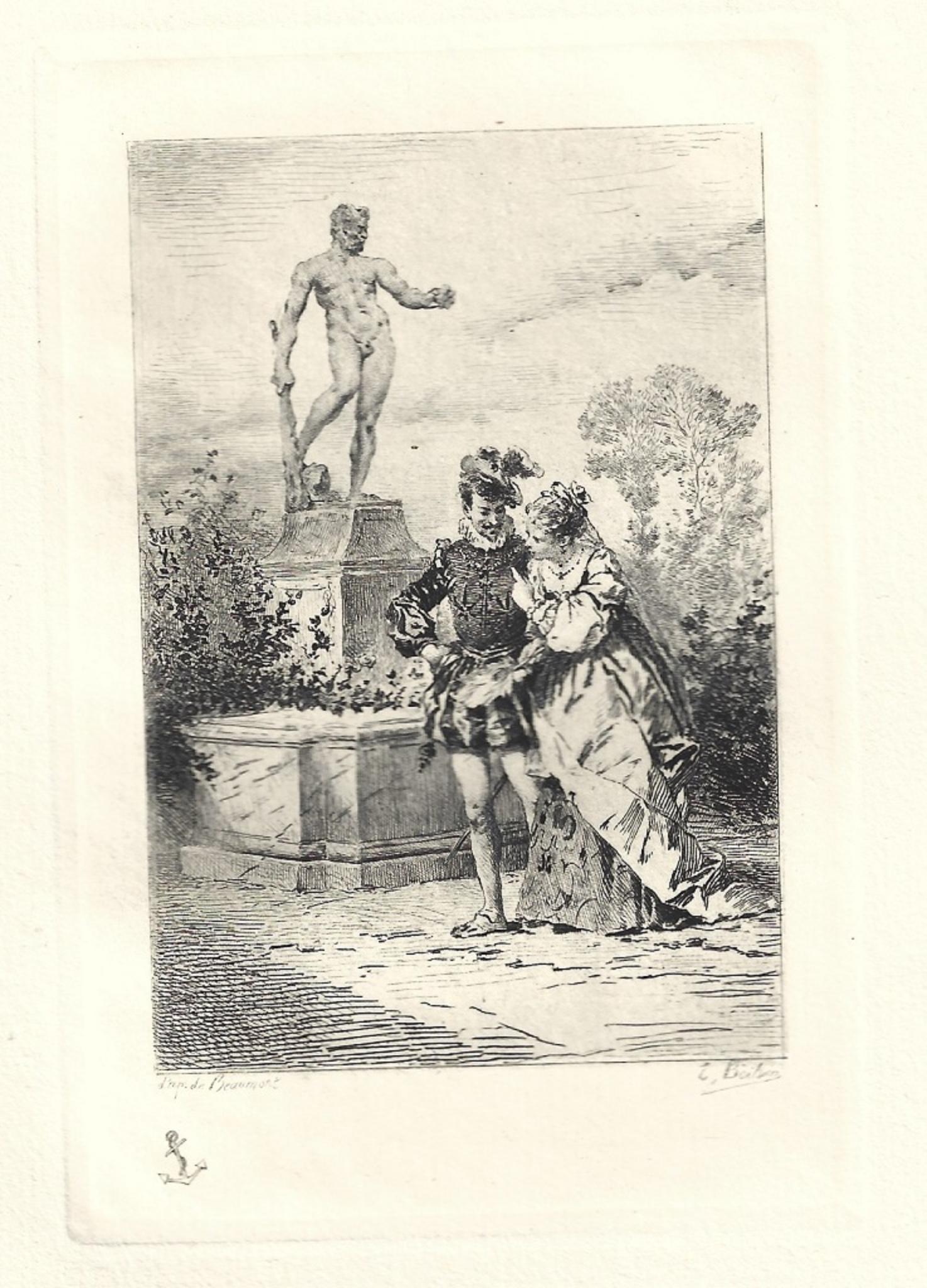 Figurative Print Emile Boilvin - L'Hercule Mesquin - Gravure originale de mile Boilvin - 1882
