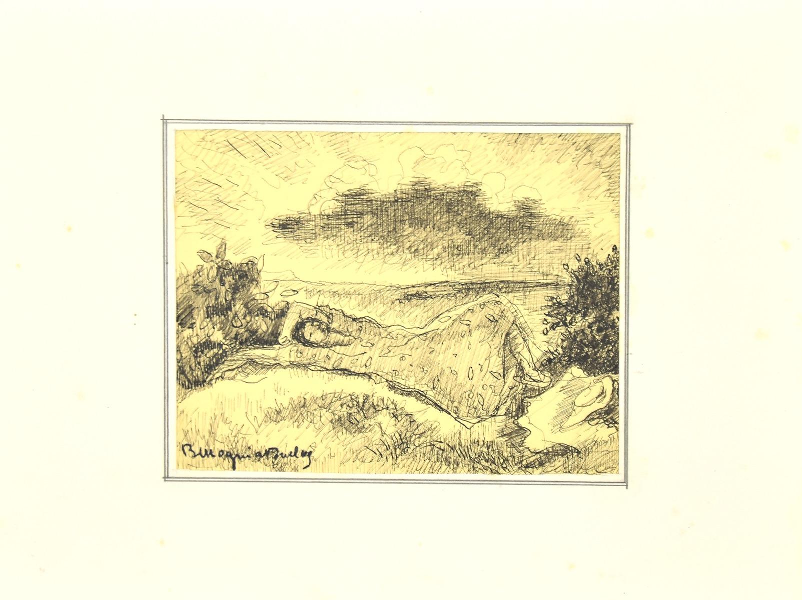 Figure in the Landscape - Pen on Paper by Mogniat-Duclos - Mid-20th Century