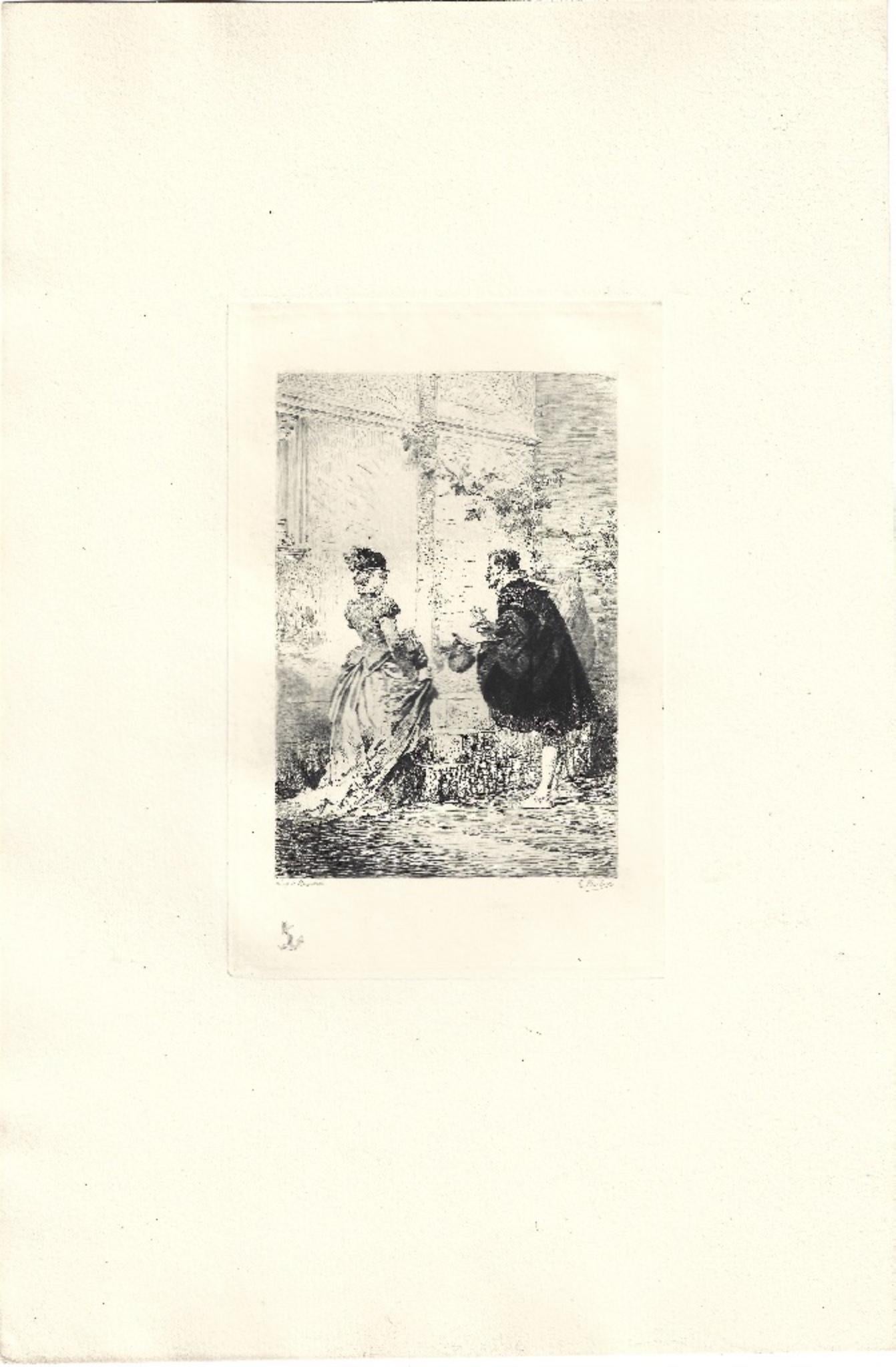 Le Devant de la Dame - Gravure originale de mile Boilvin - 1882 - Print de Emile Boilvin