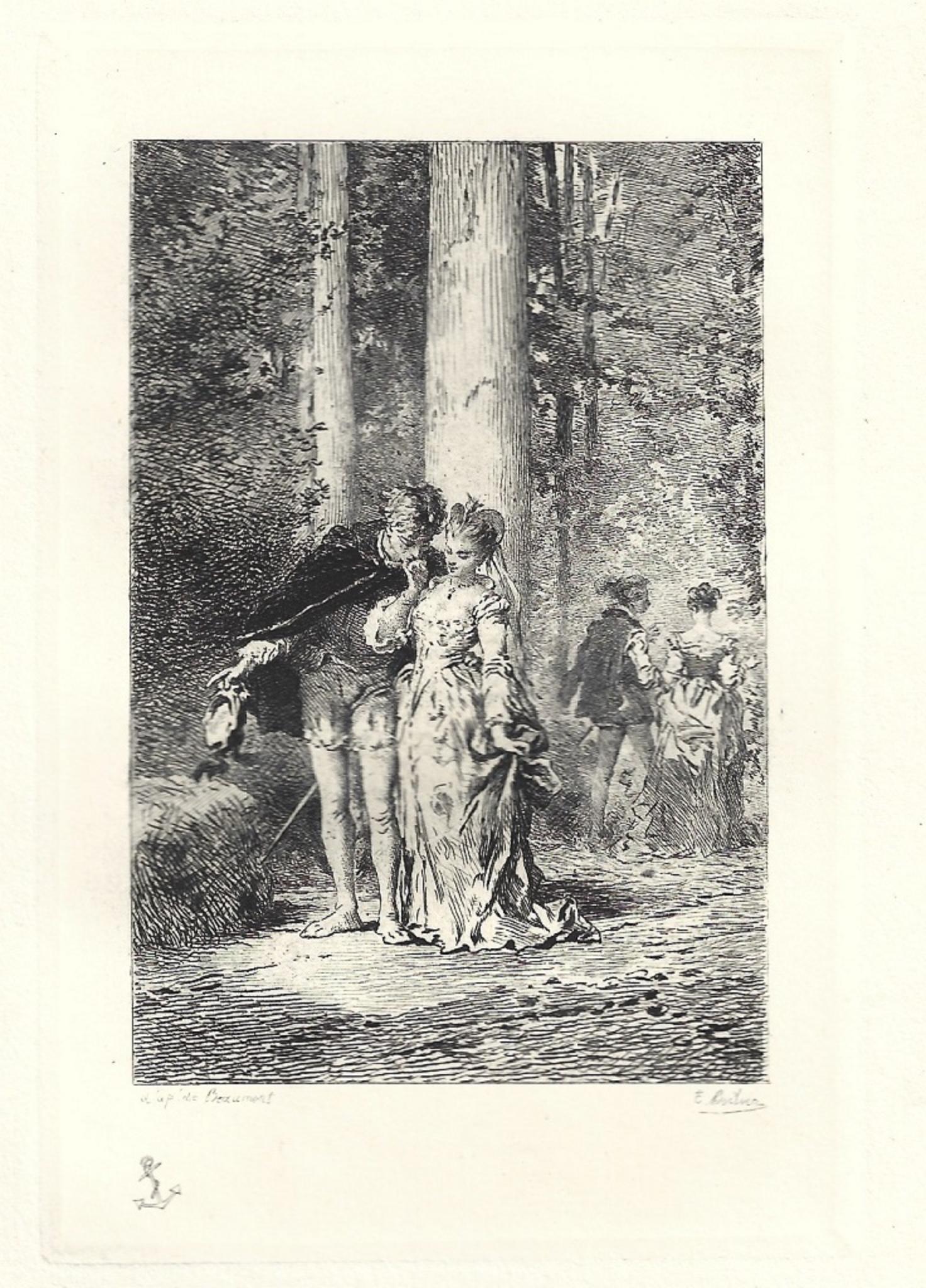 Emile Boilvin Figurative Print - L'Audacieux et la Timide - Original Etching by Émile Boilvin - 1882