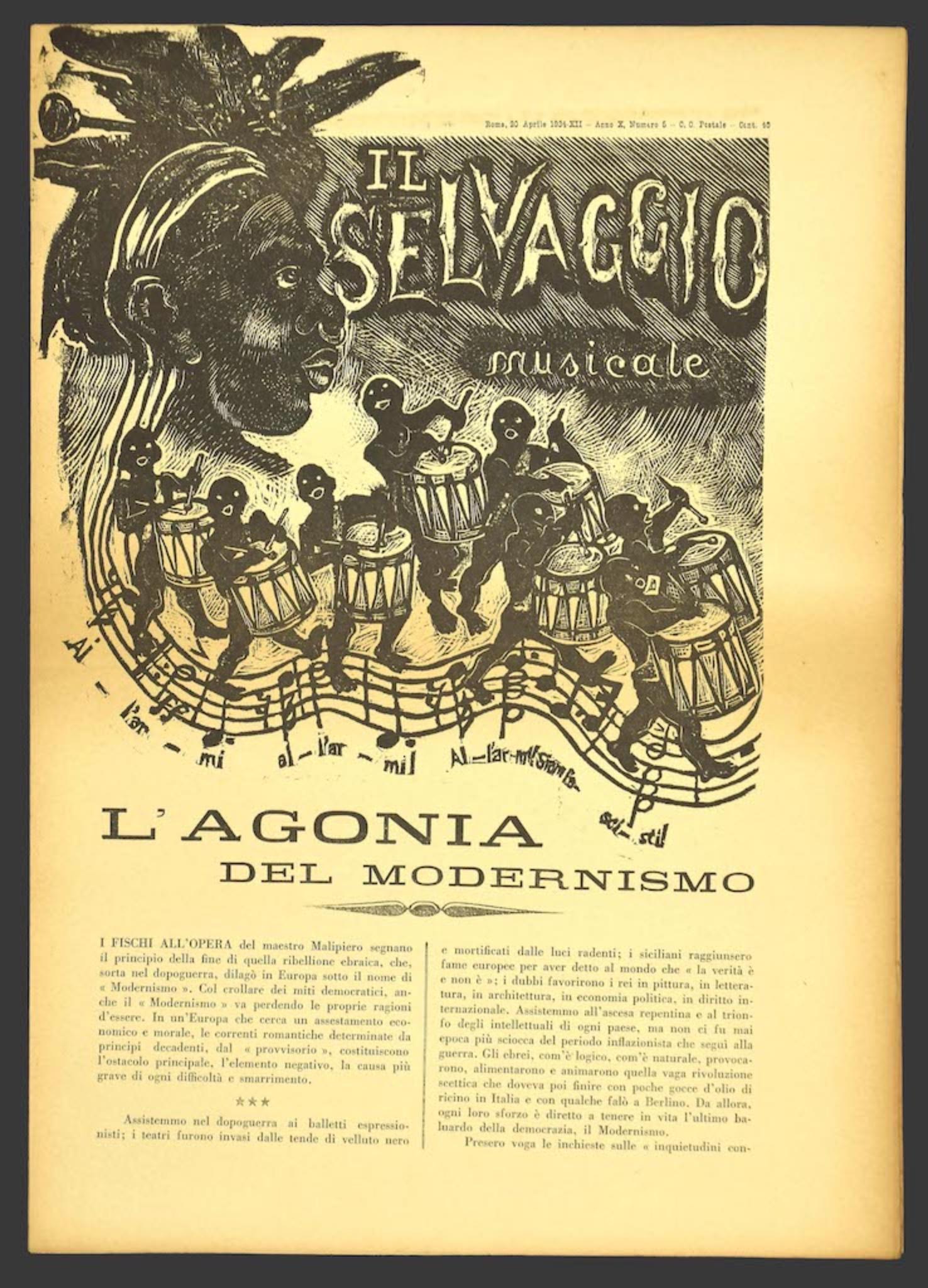 "Il Selvaggio", "Annual supporter subscription 40 Cent - Weekly Newspaper letters arts and sciences", we find, in the dossier of 20 Aprile 1934, including original woodcuts by the artist Mino Maccari,  in the center. There are 4 pages of the