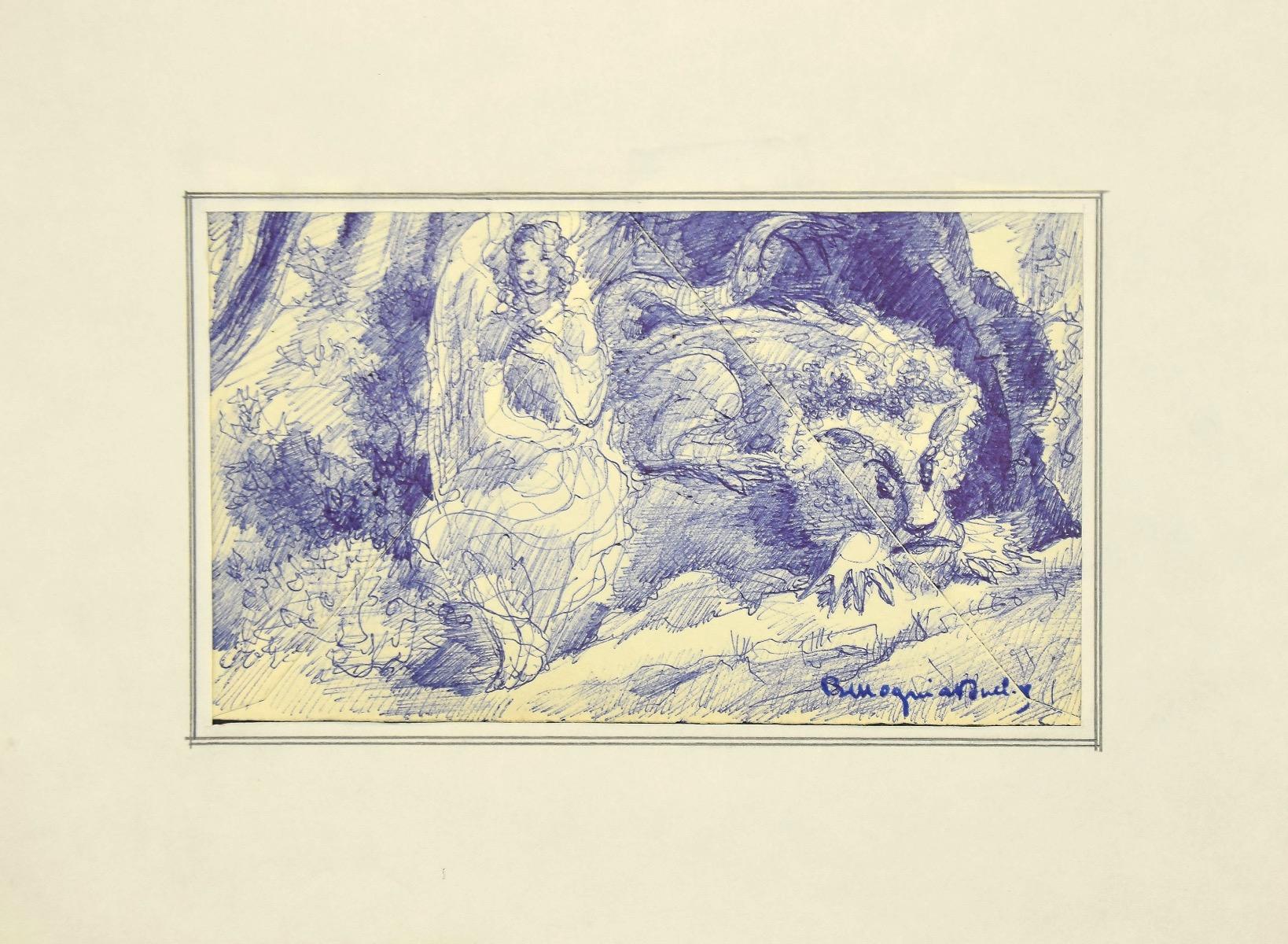 Angel - Originalstift auf Papier von Bertrand Mogniat-Duclos - Mitte des 20. Jahrhunderts