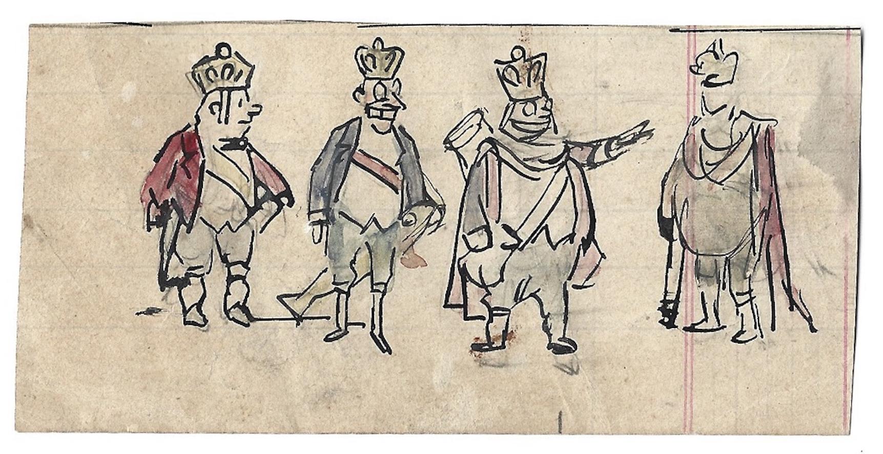 Vier Könige ist eine Original-Farbzeichnung auf Papier, die um 1910 von dem italienischen satirischen Illustrator Gabriele Galantara (Montelupone, Italien, 1867 - Rom, 1937) angefertigt wurde.

Ein China-Tusche und Aquarell, von kleinen Dimensionen,