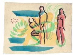 Three Female Nudes - Original Watercolor by Jean Raymond Delpech - 1960s