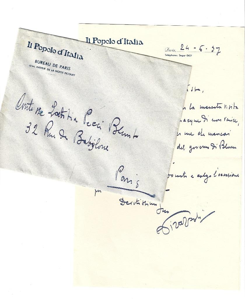 Autographie-Brief, signiert von Pirazzoli an die Gräfin A.L. Becci-Blunt - 1937