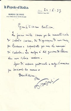Autographie-Brief, signiert von Pirazzoli an die Gräfin A.L. Becci-Blunt - 1937