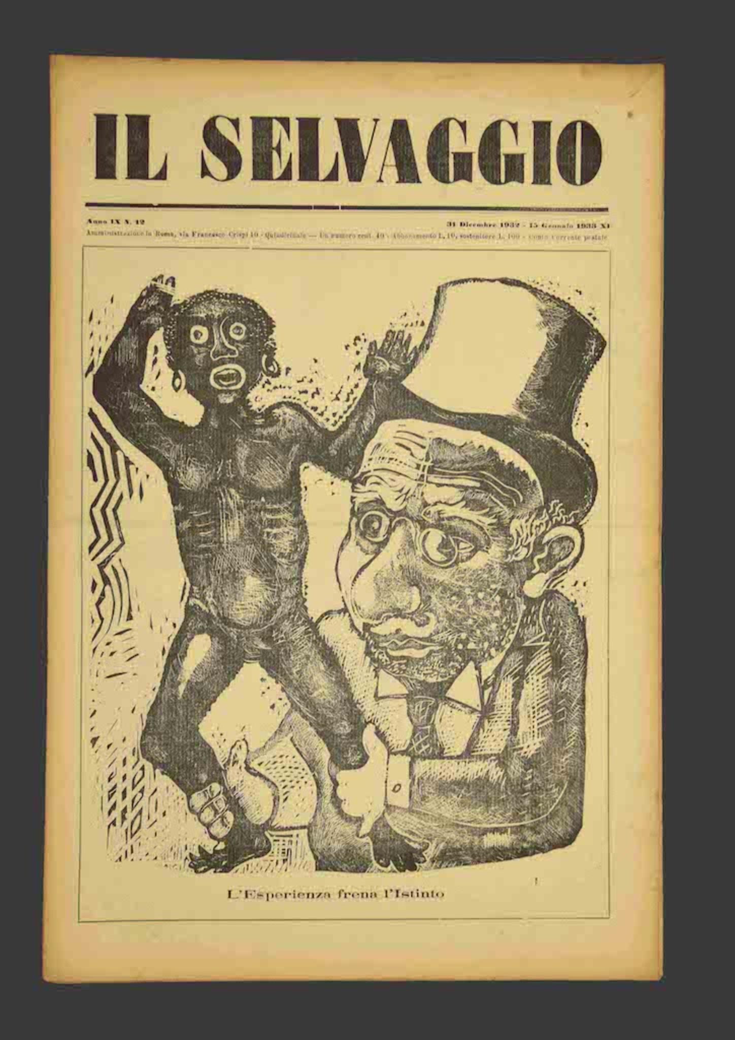 "Il Selvaggio, no.12- 1932", "Annual supporter subscription - Una copia 40 Cent - Fortnightly Newspaper letters arts and sciences", including original woodcuts by the artist Mino Maccari. 8 pages.

Good conditions, aged with some diffused