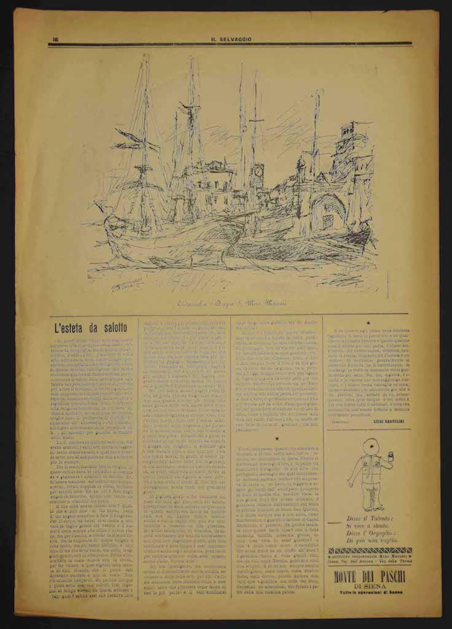 "Il Selvaggio, no.4- 1930", "Abonnement annuel de soutien - Una copia 40 Cent - Journal bimensuel lettres arts et sciences", comprenant des gravures sur bois originales de Mino Maccari.

Bonnes conditions.

"Il Selvaggio, no.4- 1930",  15 Dicmebre,