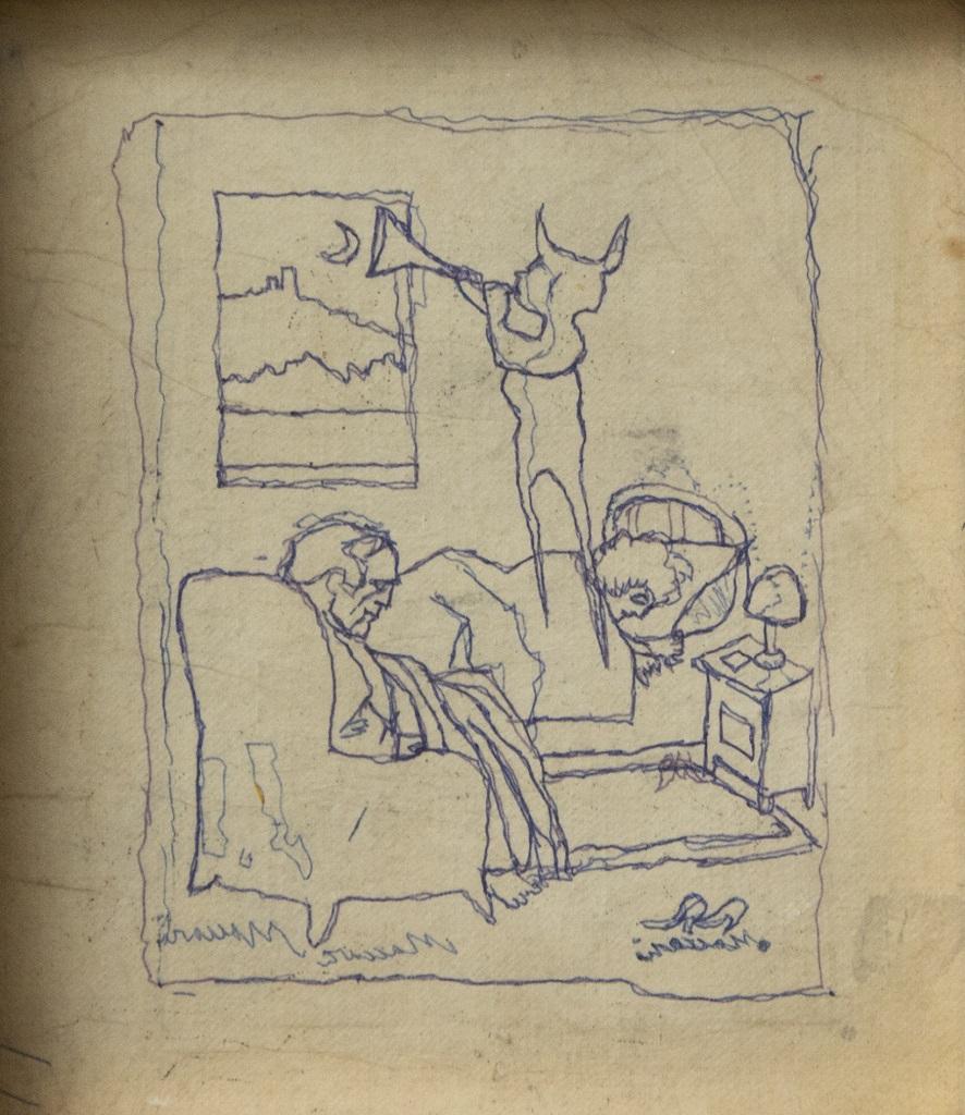 The Dream is an original modern artwork realized in the second half of the XX Century by the Italian artist Mino Maccari (Siena, 1898 - Rome, 1989).

Original colored pen drawing on paper.

Hand-signed in pencil by the artist on the lower margin: