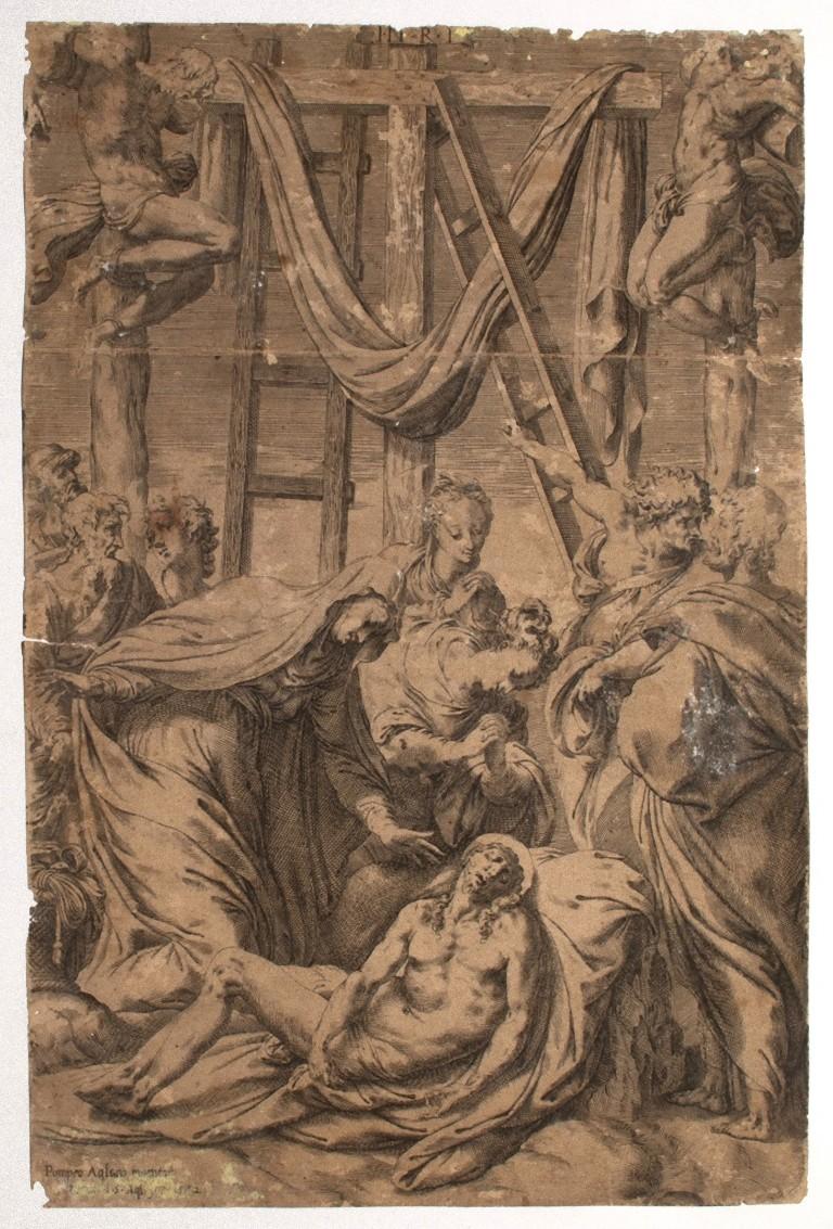 Deposition is an original modern artwork realized in 1542 by Pompeo Aglano.

Original B/W Etching on paper. 

Some missing parts on the center of the sheet and abrasions along the sheet. 

Deposition is an excellent artwork realized by Pompeo Aglano