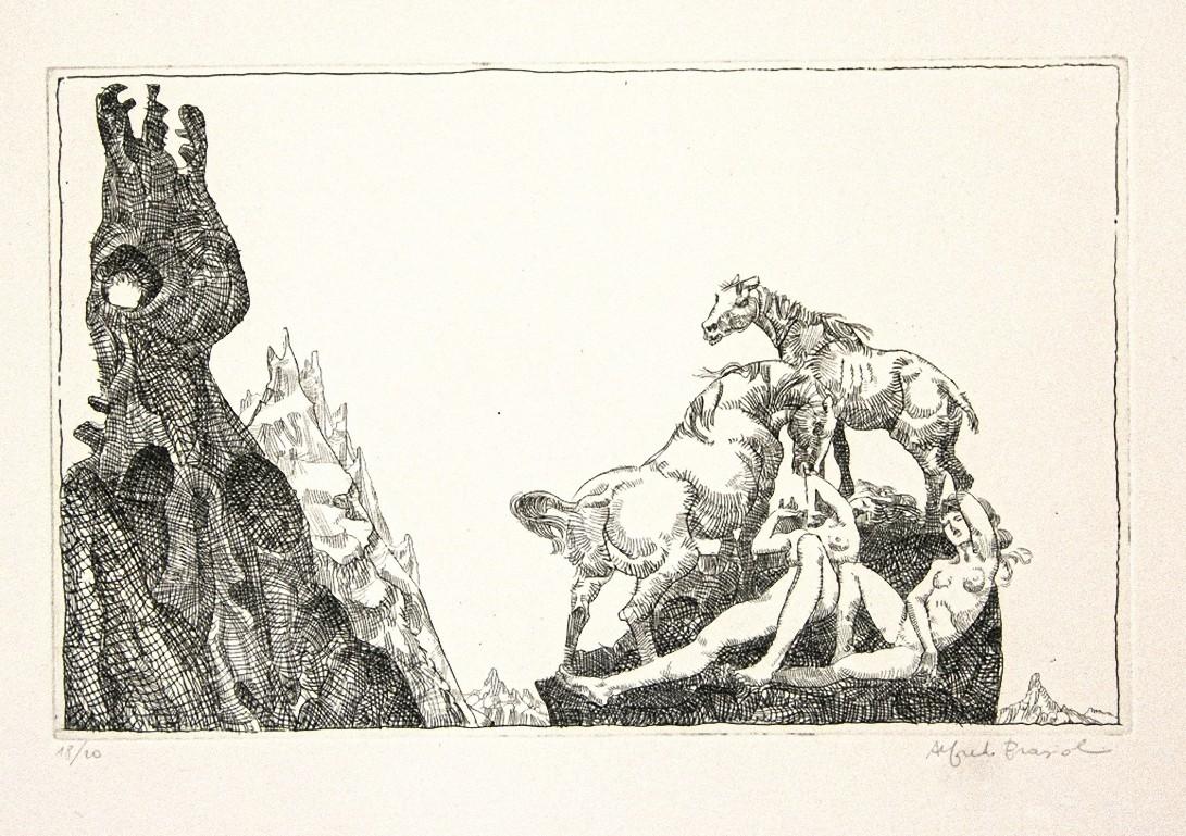 Frauen und Pferde ist ein zeitgenössisches Kunstwerk, das in den 1970er Jahren von dem italienischen Künstler Alfredo Brasioli (Verona, 1935 - Rom, 2016) geschaffen wurde.

Original-Radierung auf Papier.

Handsigniert mit Bleistift in der rechten