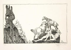 Femmes et chevaux - eau-forte sur papier d'Alfredo Brasioli - 1970