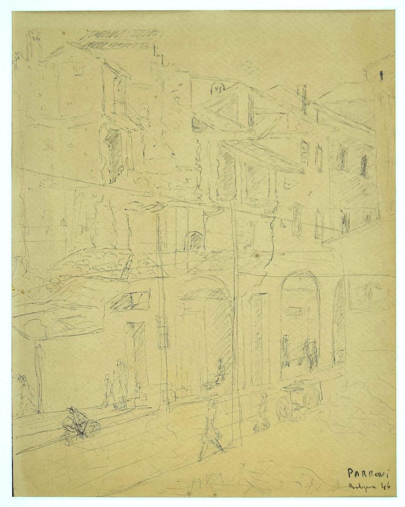 Unknown Landscape Art – Architektonische Architektur – Originalstift auf Papier, signiert Parroni – 1946