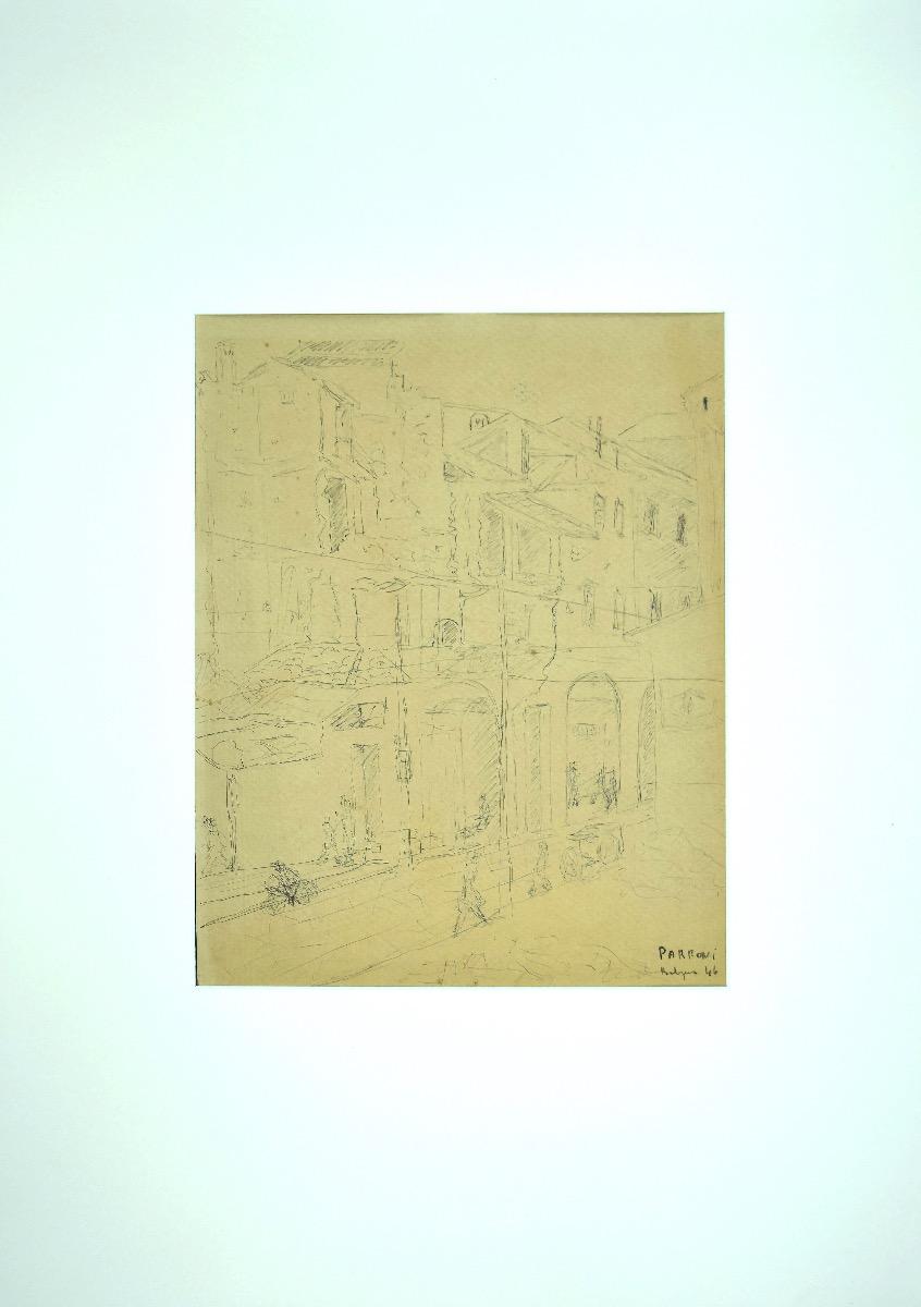 Architektonische Architektur – Originalstift auf Papier, signiert Parroni – 1946 – Art von Unknown