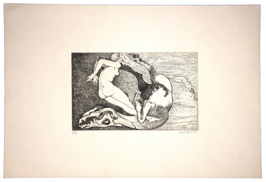 Mujeres y caballos - Aguafuerte original sobre papel de Alfredo Brasioli - Años 70 en venta 1