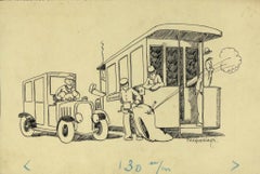 The Bus - Original China Ink by Henri-Paul Pecqueriaux - Early 20th Century