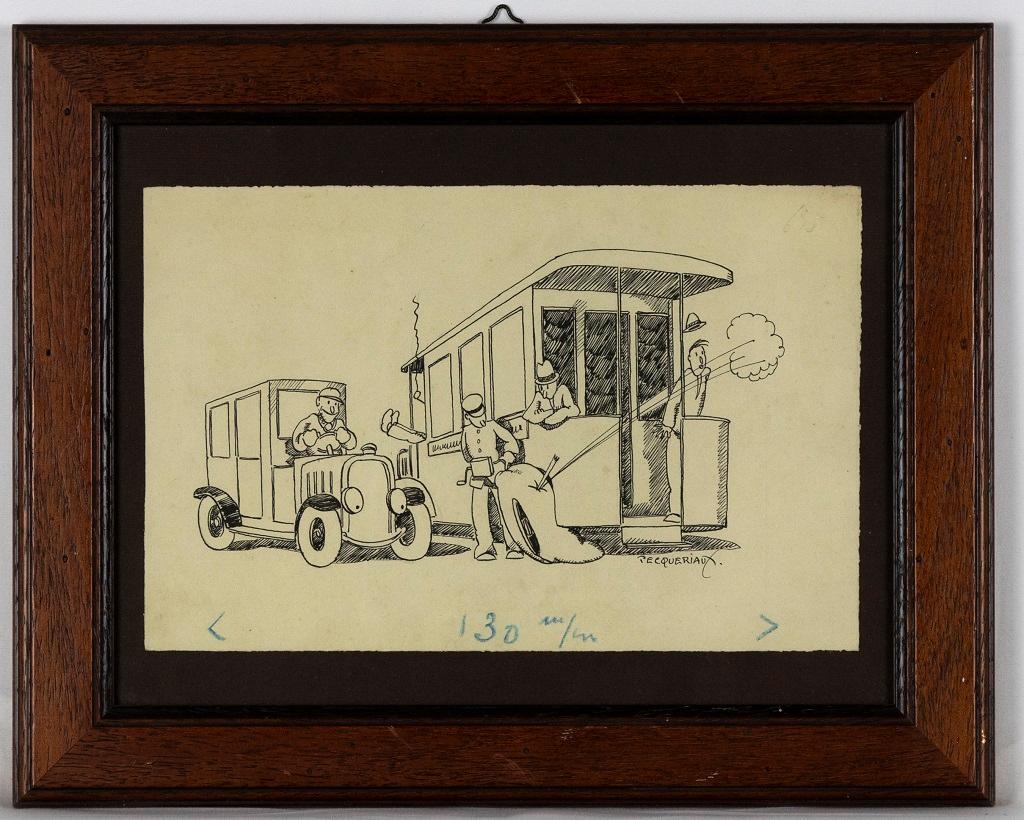 The Bus - Original China Ink by Henri-Paul Pecqueriaux - Early 20th Century For Sale 1