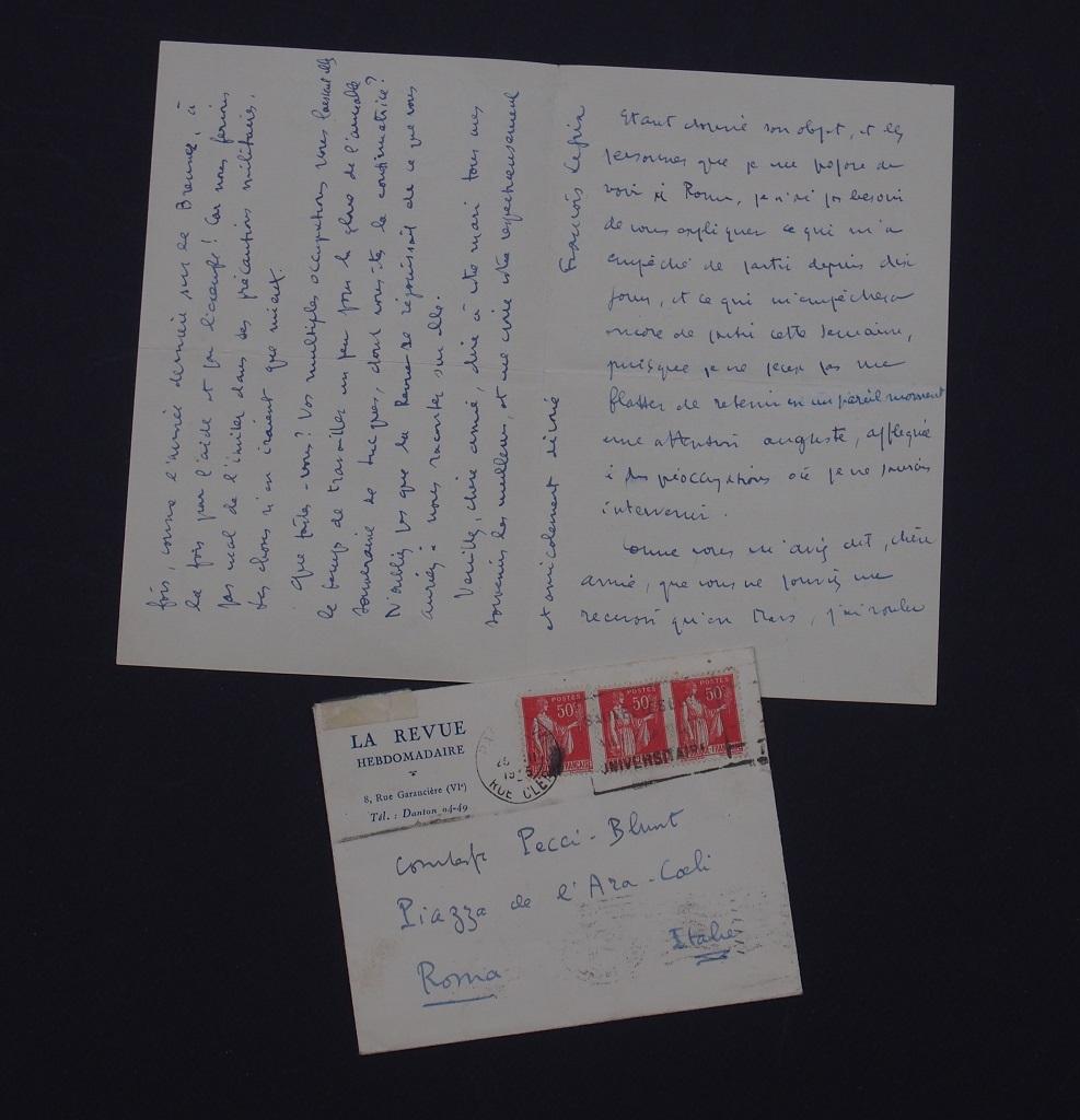 Voyage en Italie (Travel to Italy) is the main content of this Autograph Letter Signed by François Le Grix, to the Countess Anna Laetitia Pecci Blunt.

Paris, March 23rd1935. In French. Two pages, double-sided. On letterhead paper "La Revue