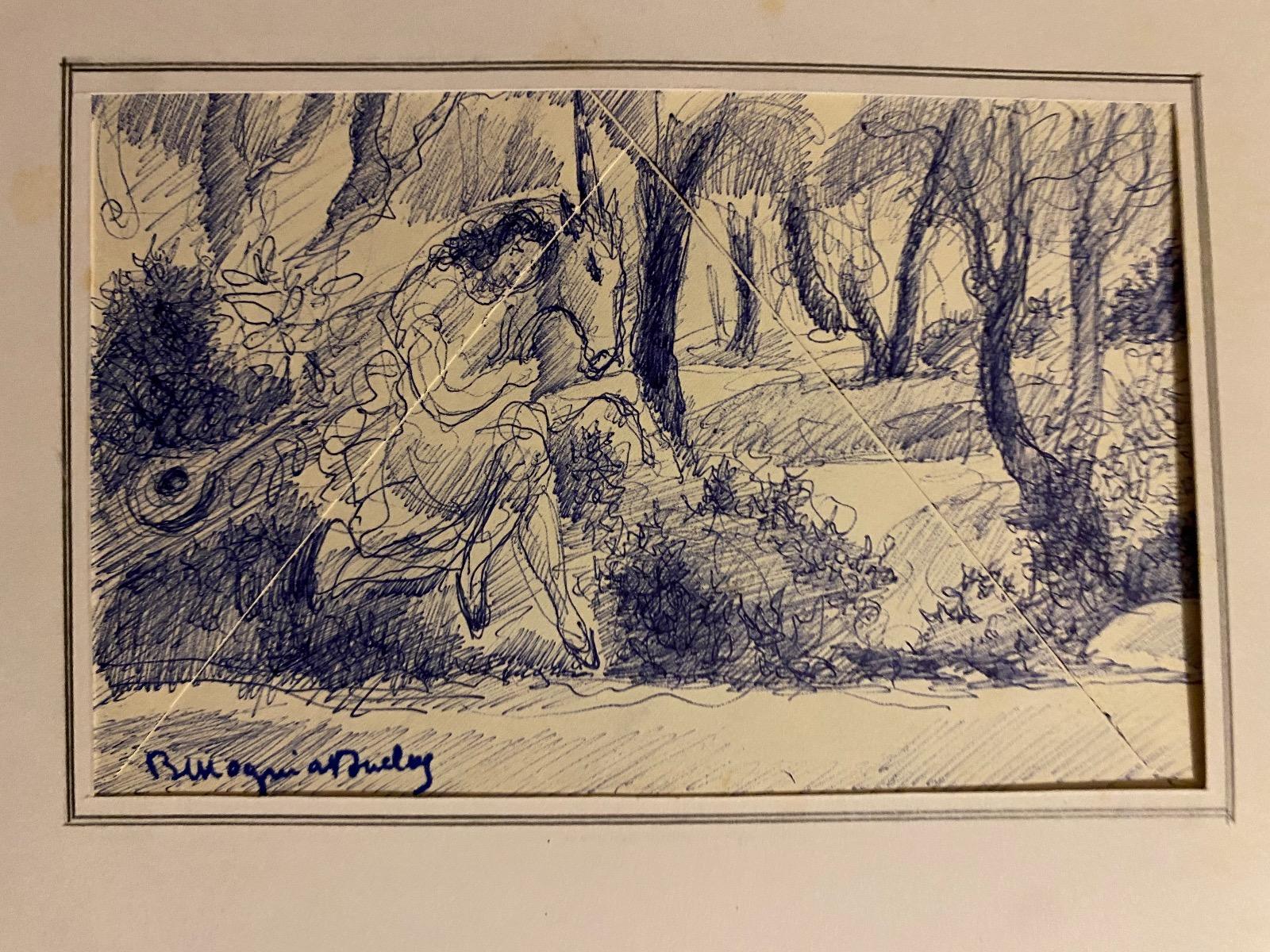 Figura en el bosque - Bolígrafo original de Bertrand Mogniat-Duclos - Mediados del siglo XX