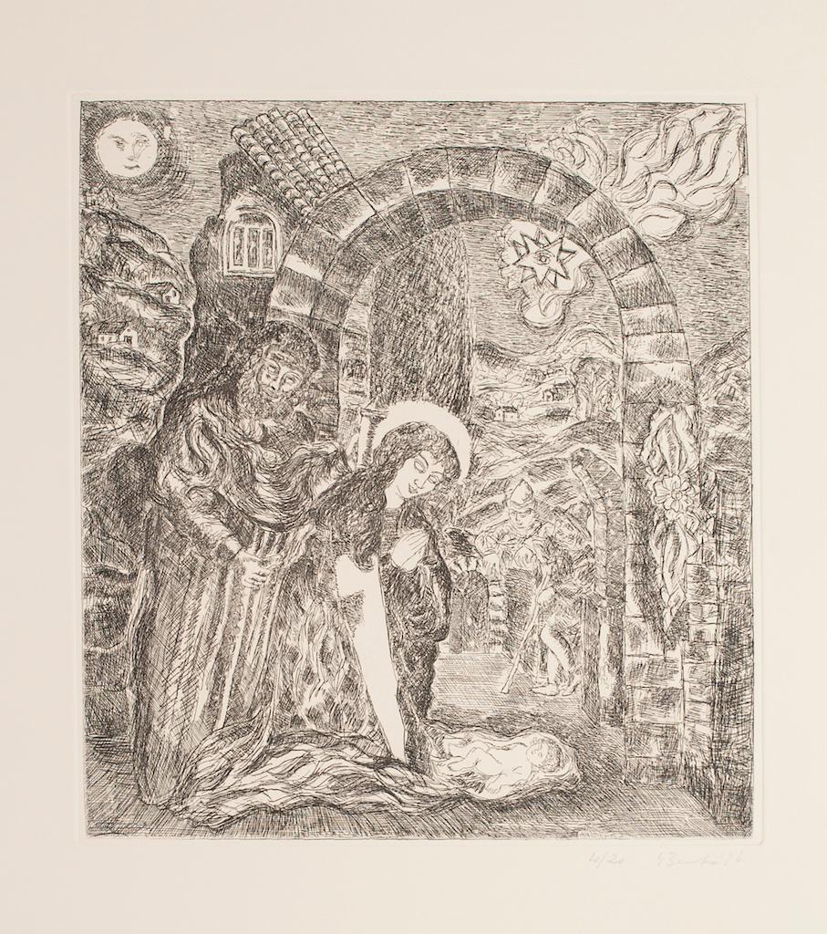 Cave of Bethlehem is an original etching on paper realized by Gian Paolo Berto, in 1976.

Good conditions.

Hand-signed and numbered, rare edition: 4/20.

Sheet dimension: 61 x 50 cm. Image Dimensions: 28 x 25 cm

The artwork represents The Cave of