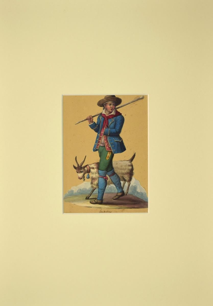 Costume di contadino - Ink and Watercolor Attributed to M. D. Vito - 1620 ca - Art by Michela De Vito