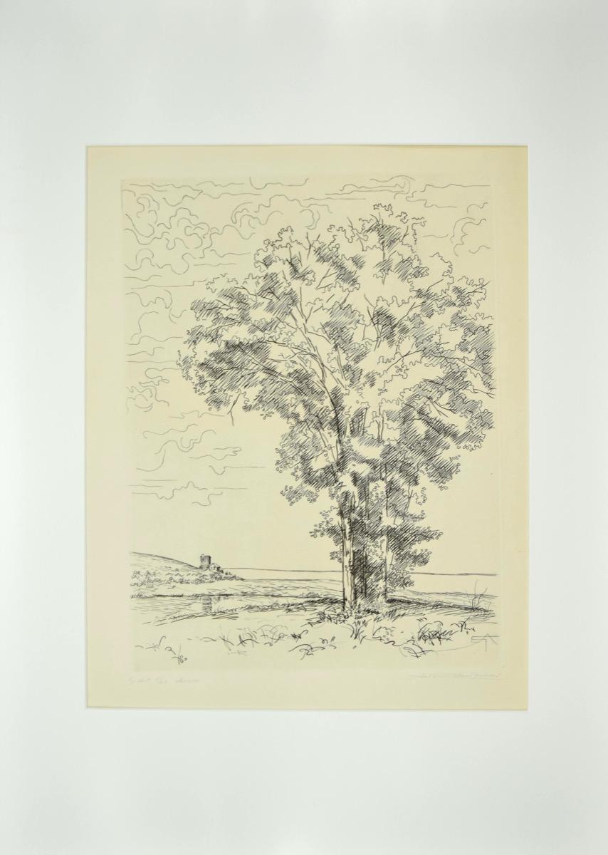 André Roland Brudieux Figurative Print - The Tree on the Sea - Etching by Andre Roland Brudieux - Mid-20th Century