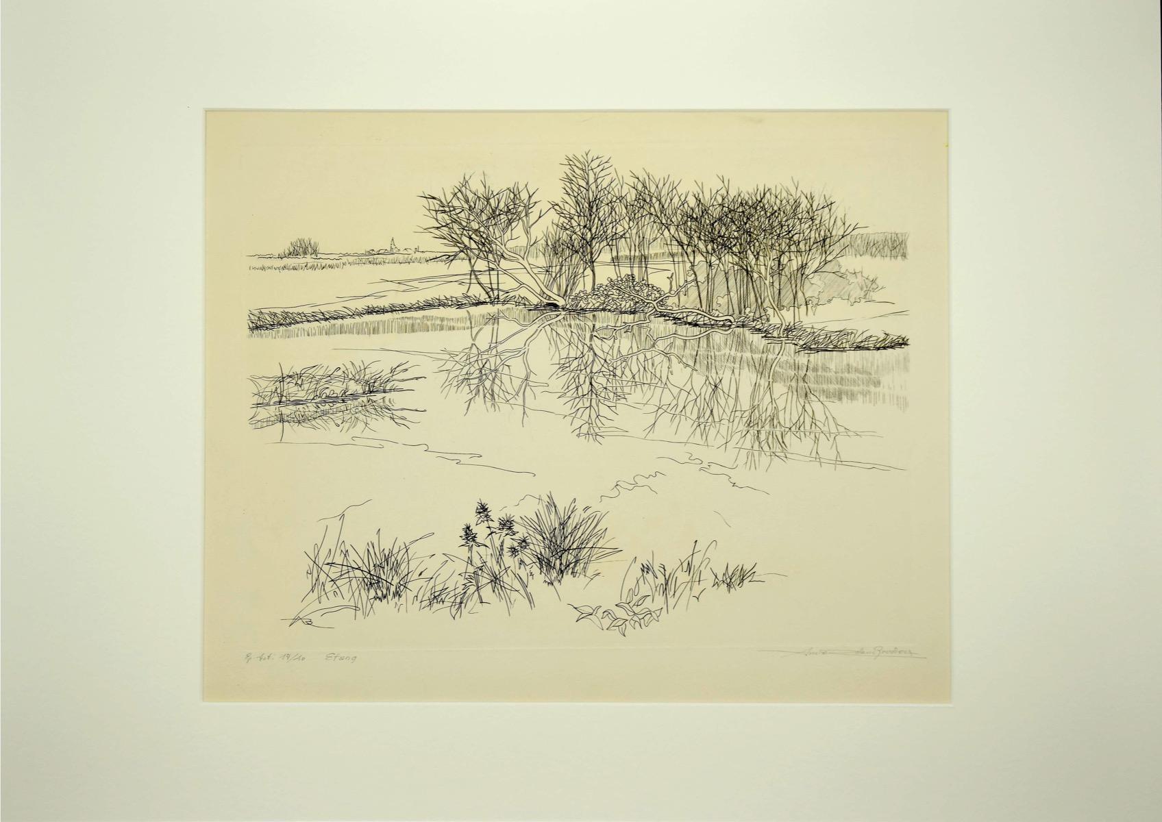 The pond - Original Etching by Andre Roland Brudieux - Mid-20th Century