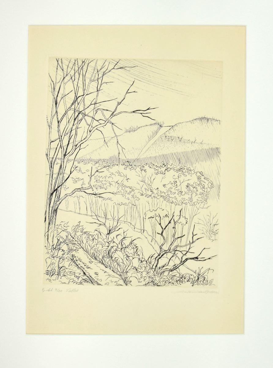 André Roland Brudieux Landscape Print - The Valley - Original Etching by Andre Roland Brudieux - Mid-20th Century