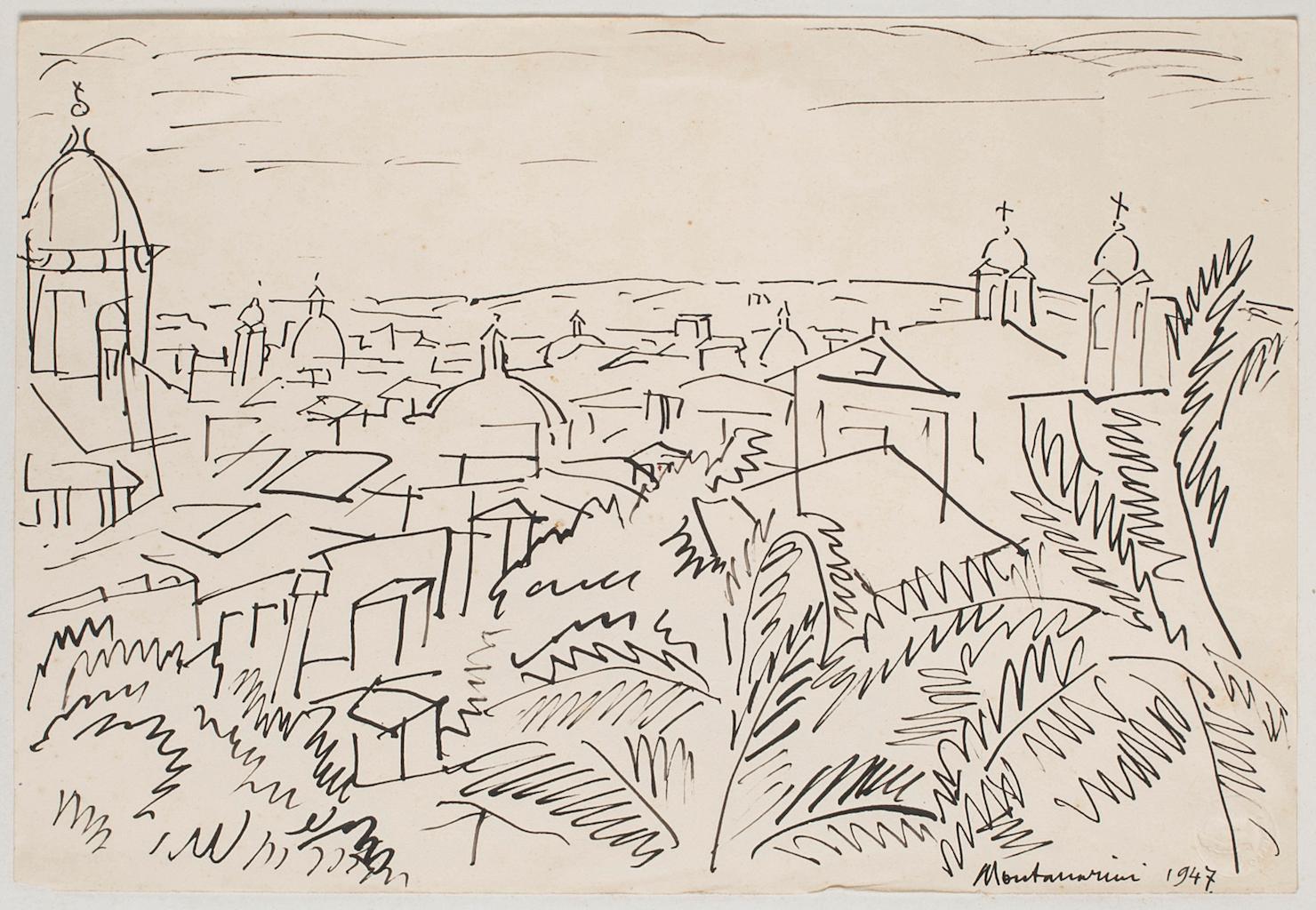 Vista de Roma es un dibujo original a pluma realizado por Luigi Montanarini en 1947.

Firmado a mano por el artista en el margen inferior derecho.

Passepartout: 48.5 x 65

Buen estado, salvo por los márgenes de la edad y un pequeño corte en el