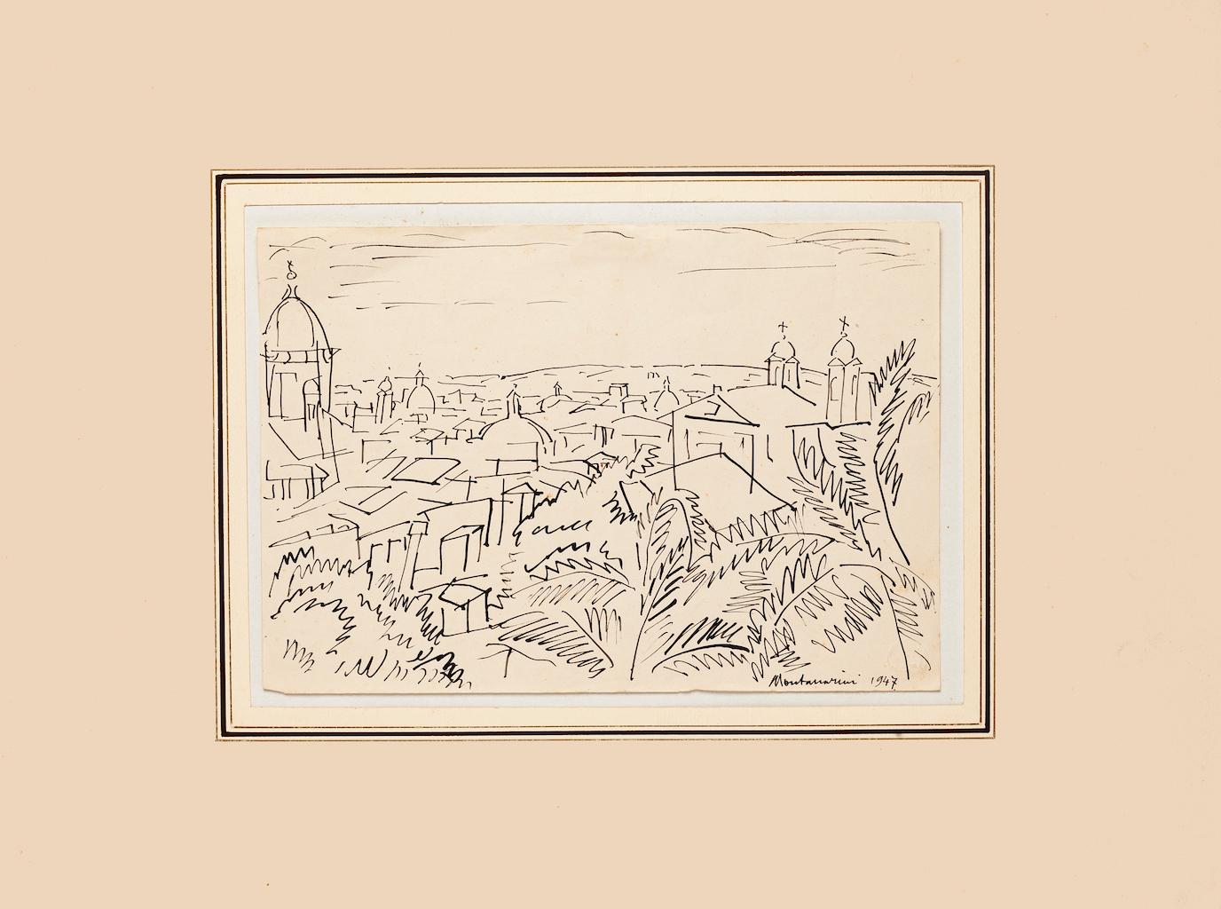 Vista de Roma - Dibujo original a pluma sobre papel de Luigi Montanarini - 1947 en venta 1